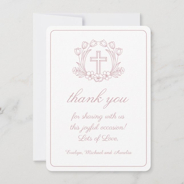 Simple Floral White Pink Baptism Thank You Card (Back)