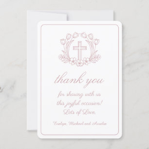 Simple Floral White Pink Baptism Thank You Card