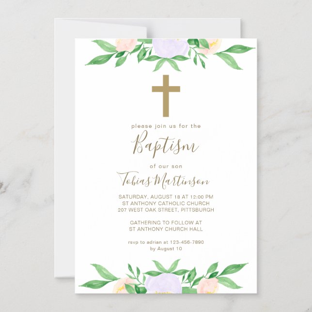 Simple Floral with Cross Baptism Magnetic Invitation (Front)