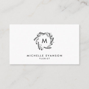 Simple Floral Wreath Monogram Black and White Business Card