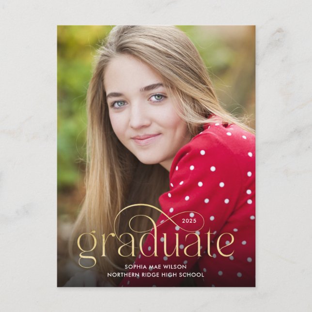 Simple Flourish Minimal Gold Type Photo Graduation Postcard (Front)