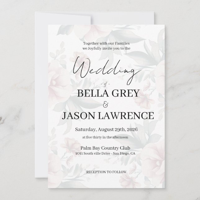 Simple flower Black & White Wedding Invitation (Front)
