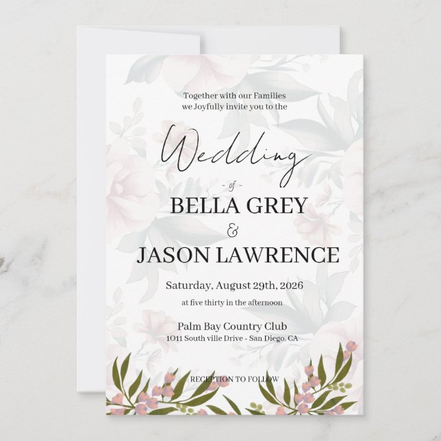 Simple flower Black & White Wedding Invitation (Front)