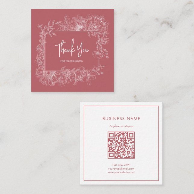 Simple Flower Border Dusty Pink QR Code Thank You Square Business Card (Front/Back)