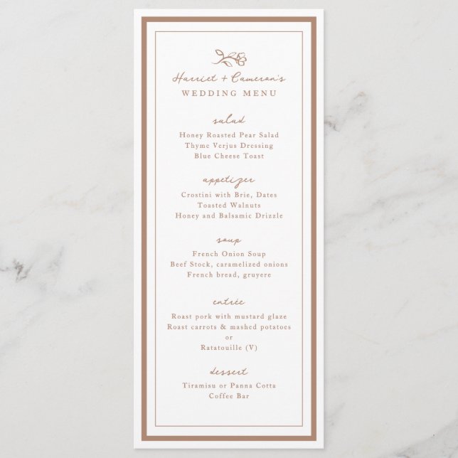 Simple Flower Copper Wedding Dinner Menu (Front)