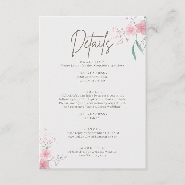 Simple Flower Elegant Wedding Details Enclosure Card (Front)