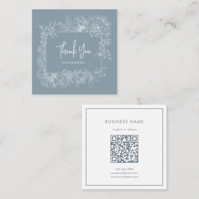 Simple Flower Frame Dusty Blue QR Code Thank You Square Business Card (Front/Back)