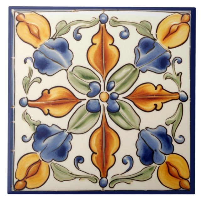 Simple Flower Mediterranean Blue Cream Floral Tile (Front)