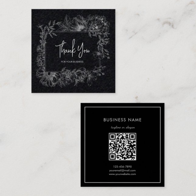 Simple Flower White Black Paper QR Code Thank You Square Business Card (Front/Back)