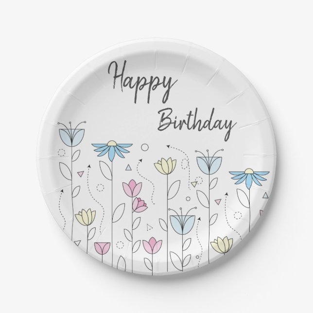Simple Flower with Happy Birthday Paper Plate (Front)