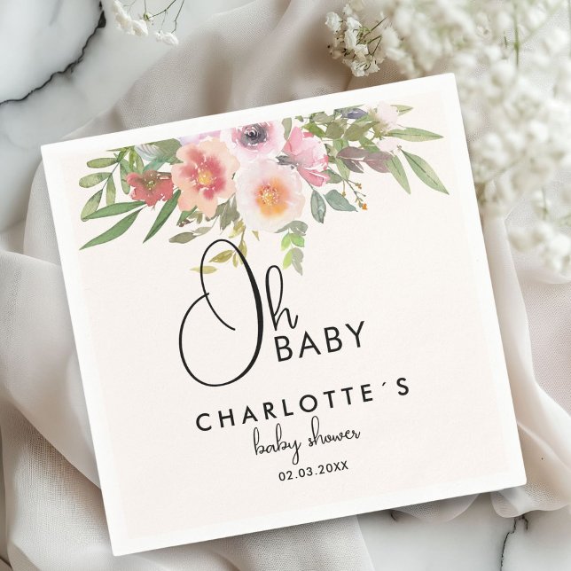 Simple, flowers Baby Shower Napkin (Simple, watercolor, flowers Baby Shower Napkins with your name and date.)