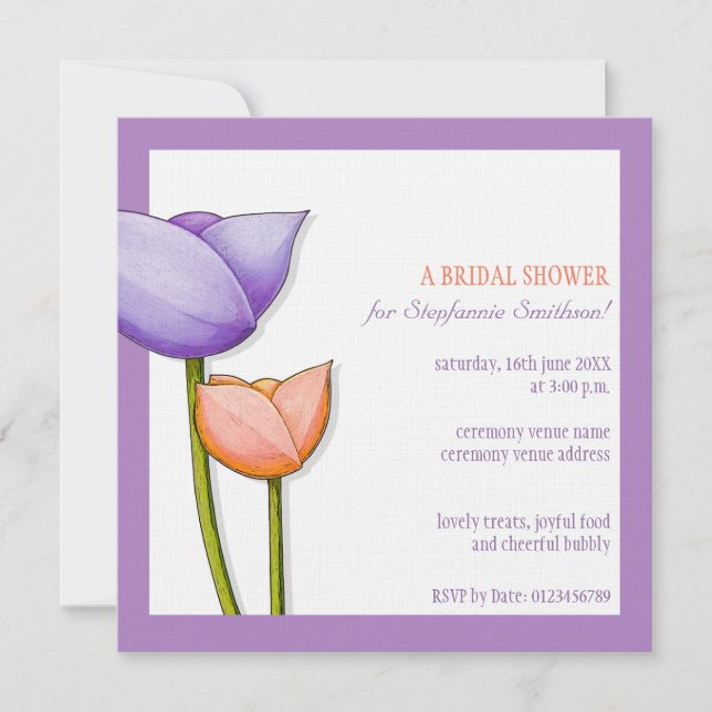 Simple Flowers purple orange Bridal Shower Square Invitation (Front)