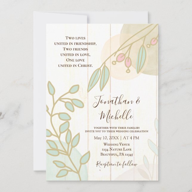 Simple Flowers Rustic White Wood Christian Wedding Invitation (Front)