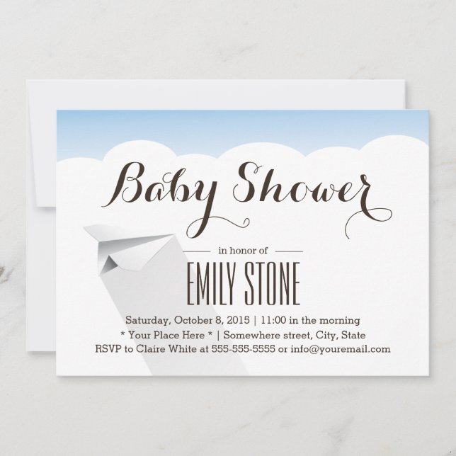 Simple Flying Paper Aeroplane Baby Shower Invitation (Front)