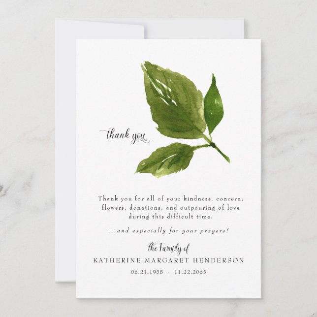 Simple Foliage Bereavement Funeral Thank You Card (Front)