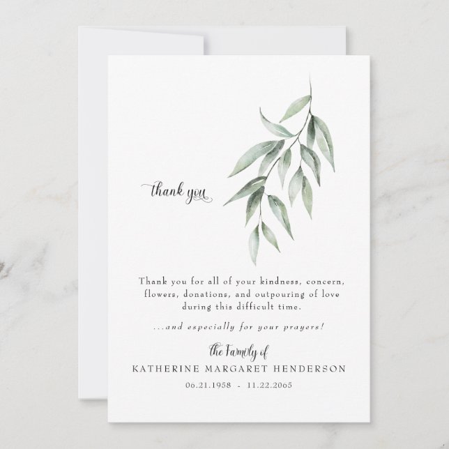 Simple Foliage II Bereavement Funeral Thank You Card (Front)