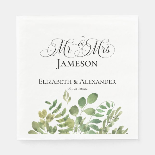 Simple Foliage, Mr. & Mrs. Wedding Reception Napkin (Front)