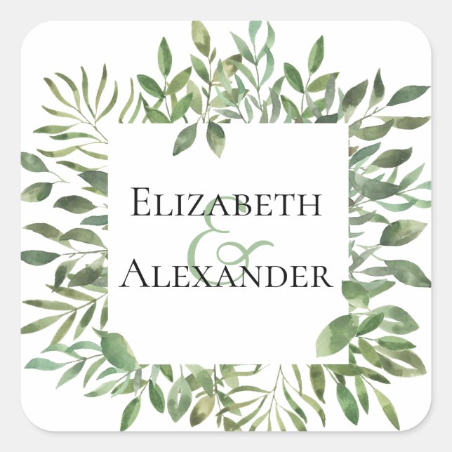 Simple Foliage/ Personalised Square Wedding Sticker (Front)