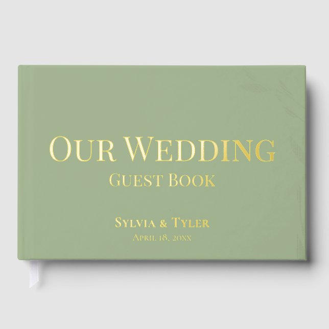 Simple Foliage Sage Gold Foil Wedding Guest Book (Front)