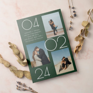 Simple Forest Green 3 Photo Wedding Save The Date Magnetic Invitation