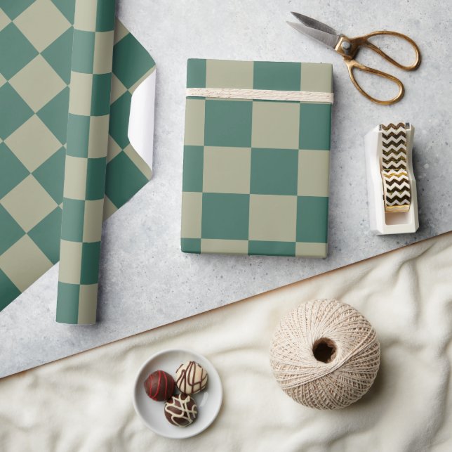 Simple Forest Green and Sage Chequerboard Pattern Wrapping Paper (Crafts)