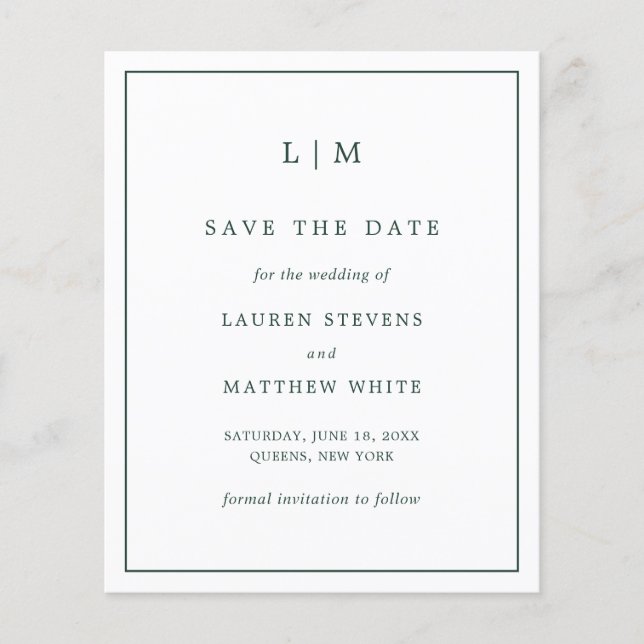 Simple Forest Green Budget Wedding Save the Date (Front)