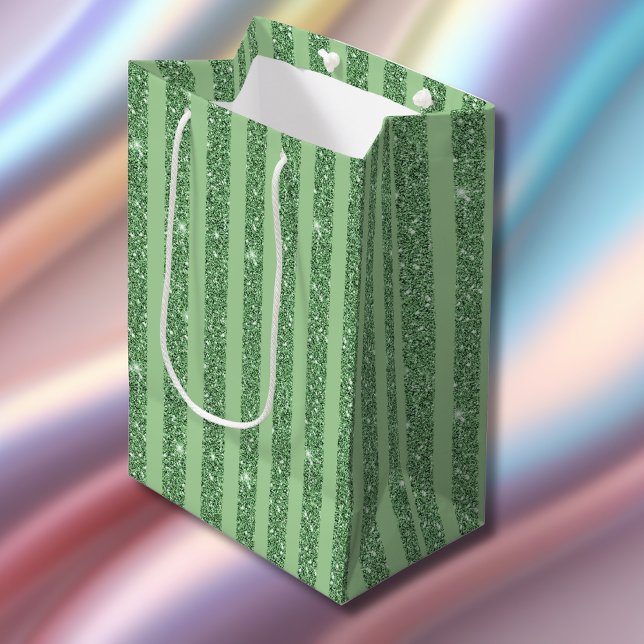 Simple Forest Green Glitter Style Vertical Stripes Medium Gift Bag (Creator Uploaded)