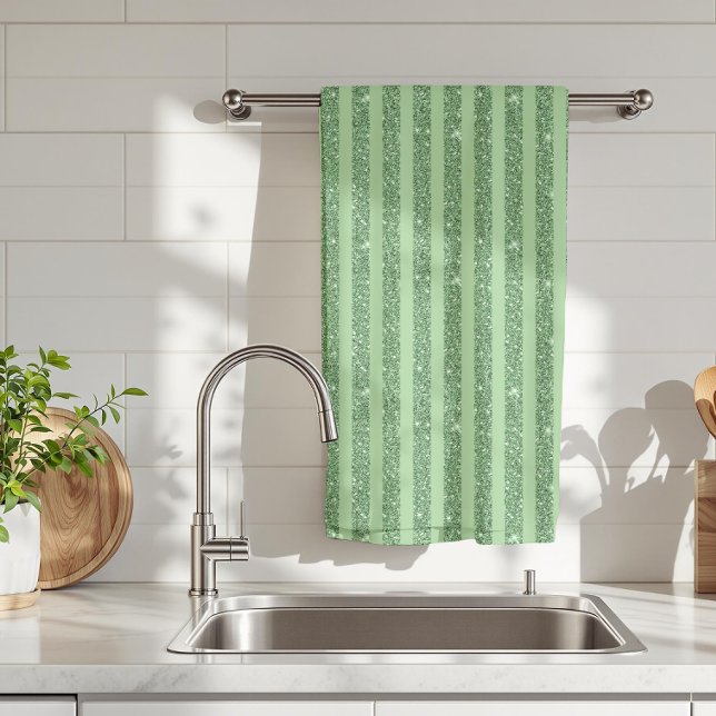 Simple Forest Green Glitter Style Vertical Stripes Tea Towel (Creator Uploaded)