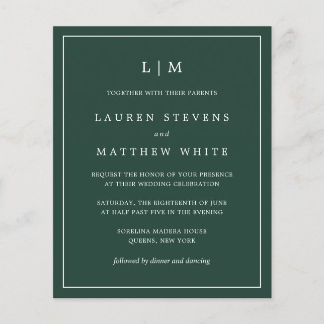 Simple Forest Green Monogram Budget Wedding Invite (Front)