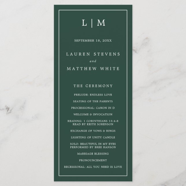Simple Forest Green Monogram Elegant Wedding Programme (Front)