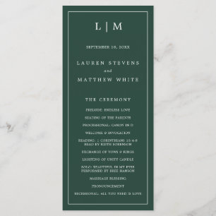 Simple Forest Green Monogram Elegant Wedding Programme