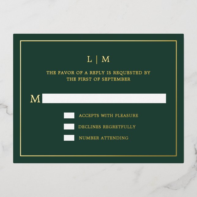Simple Forest Green Monogram Elegant Wedding RSVP Foil Invitation Postcard (Front)