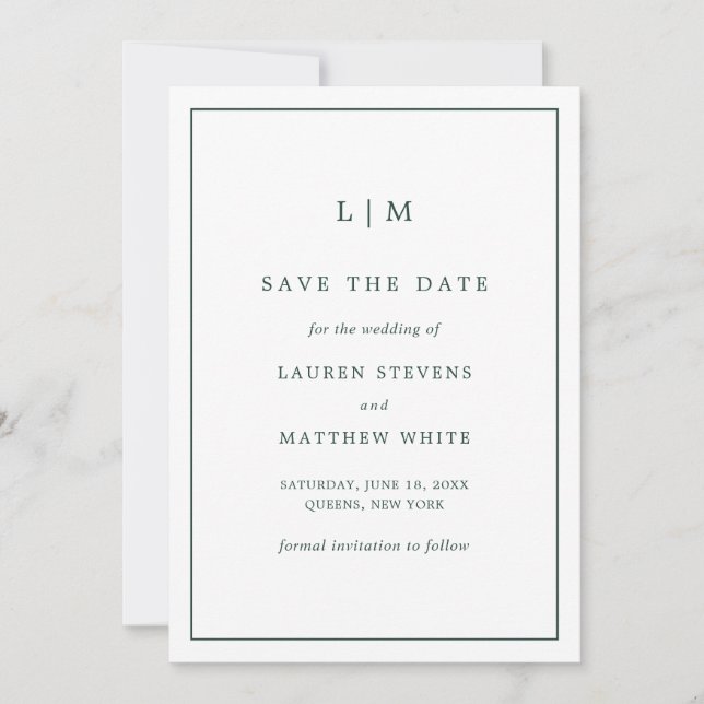 Simple Forest Green Monogram Elegant Wedding Save The Date (Front)