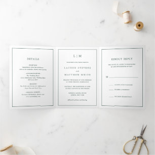 Simple Forest Green Monogram Elegant Wedding Tri-Fold Invitation