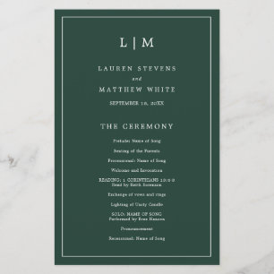 Simple Forest Green Monogram Wedding Program