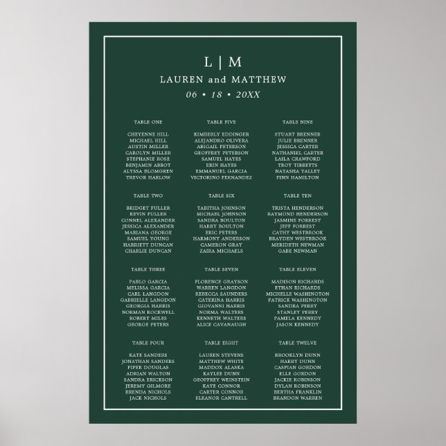 Simple Forest Green Monogram Wedding Seating Chart (Front)