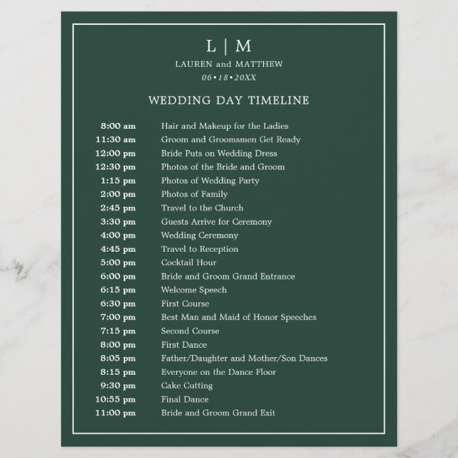 Simple Forest Green Monogram Wedding Timeline (Front)