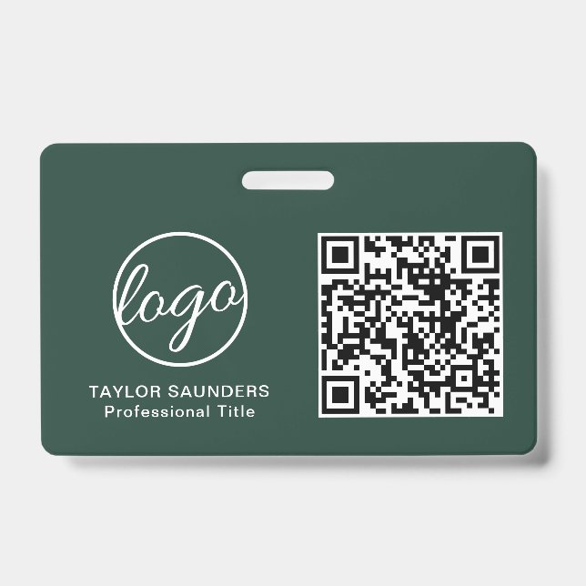 Simple Forest Green QR Code Employee ID Badge (Front)