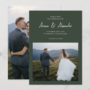 Simple Forest Green Script Photo Wedding Save The Date