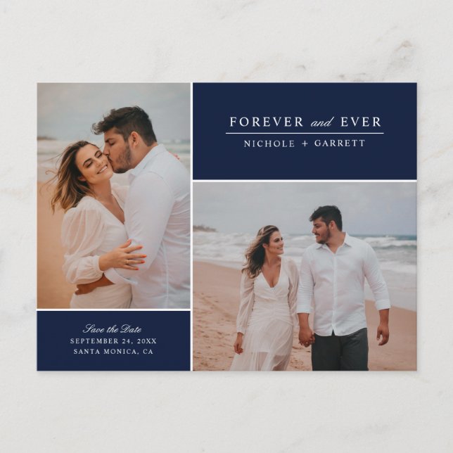 Simple Forever Two Photo Save the Date | Navy Announcement Postcard (Front)