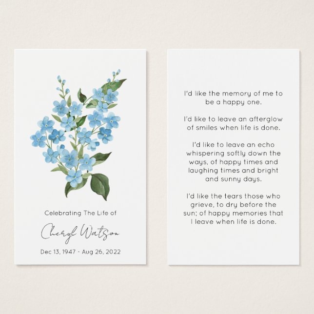 Simple Forget me not Funeral Memorial Prayer Card (Front & Back)