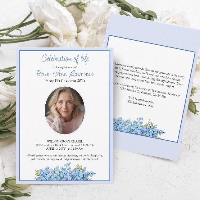 Simple forget-me-nots photo memorial service invitation (Creator Uploaded)