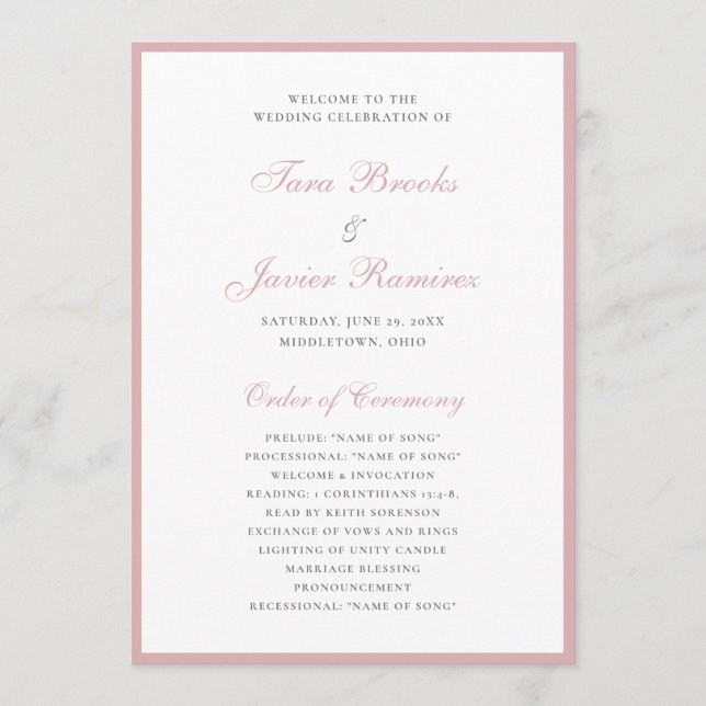 Simple Formal Elegant Pink Dusty Rose Wedding Programme (Front)
