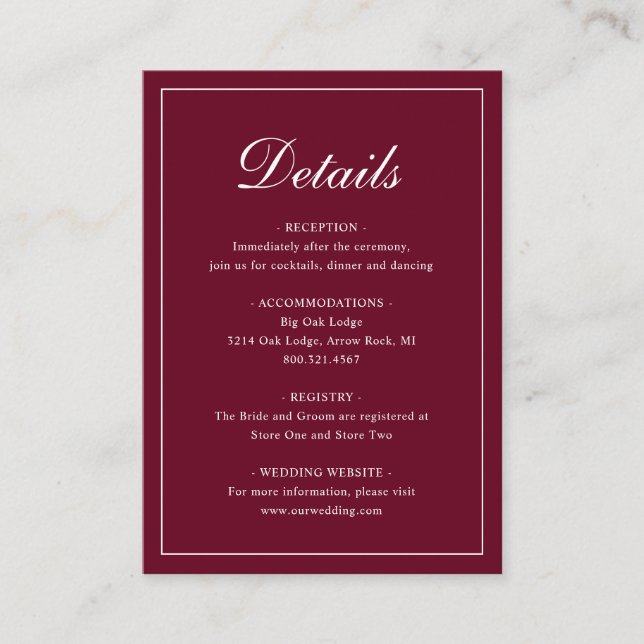Simple Formal Traditional Elegant Burgundy Wedding Enclosure Card (Front)