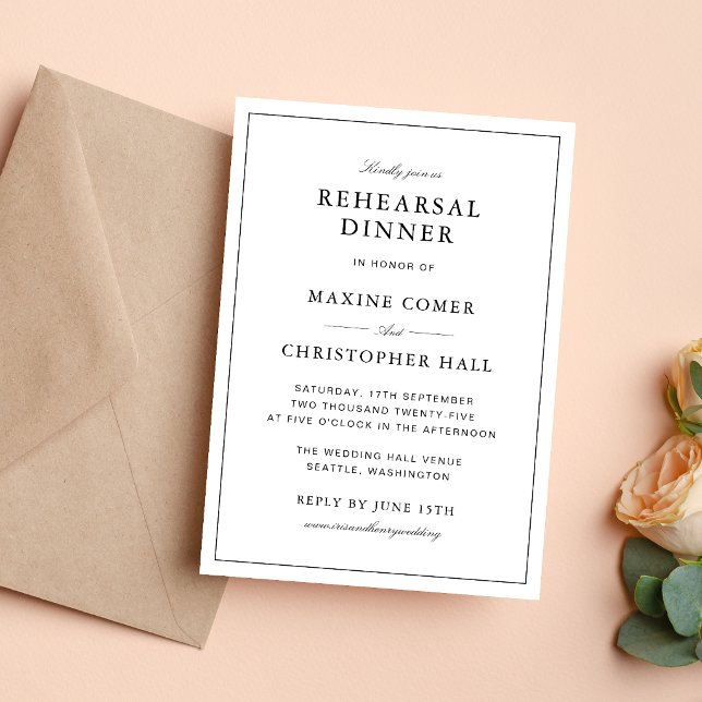 Simple Formal White & Black Rehearsal Dinner Invitation (Formal white and black rehearsal dinner invitation brings timeless elegance to your gathering.)