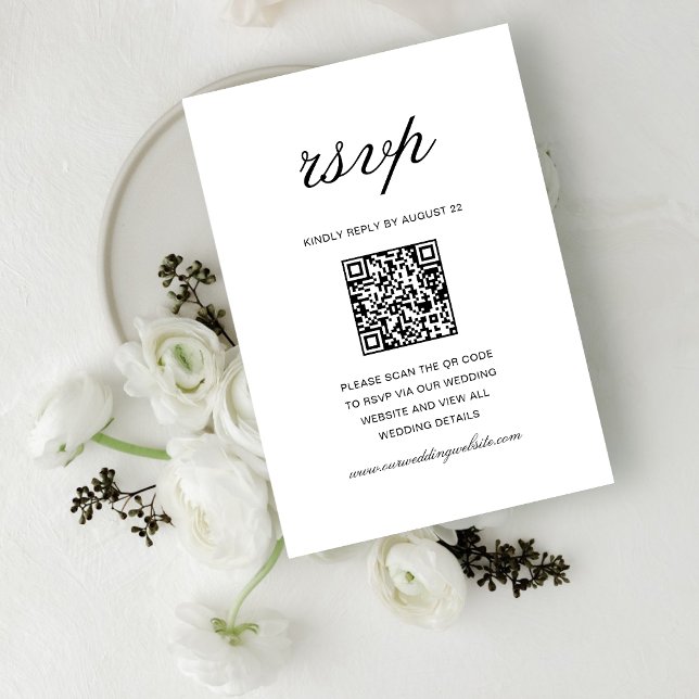Simple Formal White & Black Wedding QR Code RSVP Card (Simple white and black QR code RSVP cards make guest responses easy and seamless.)