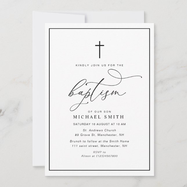 simple frame black and white baptism invitation (Front)