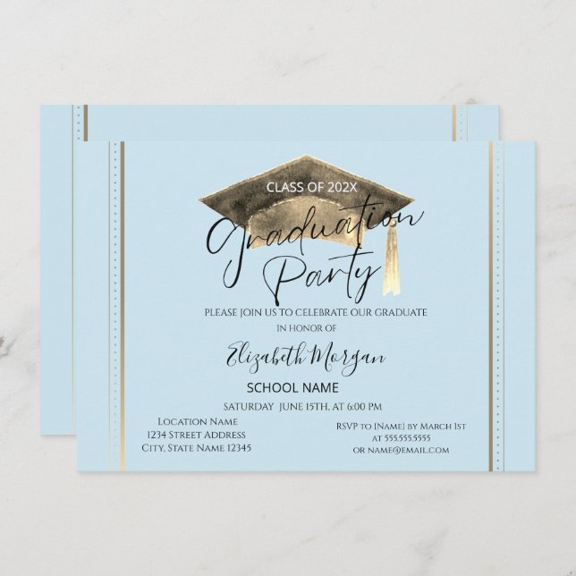 Simple Frame Graduation Cap Light Blue Graduation Invitation (Front/Back)