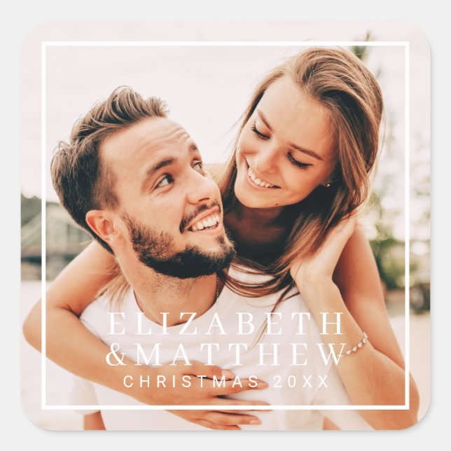 Simple Frame Modern Chic Couple Photo Holiday Square Sticker (Front)