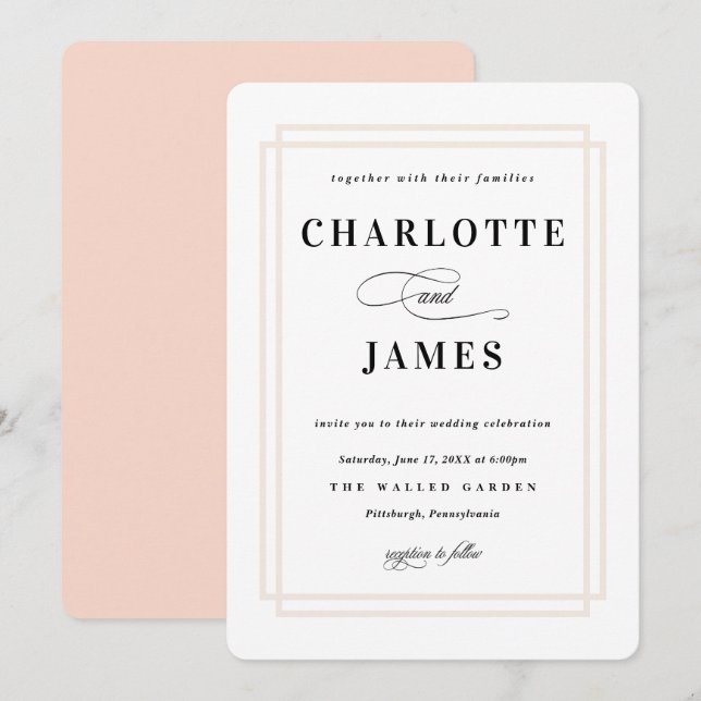 Simple Frame Peach Classic Wedding Invitation (Front/Back)
